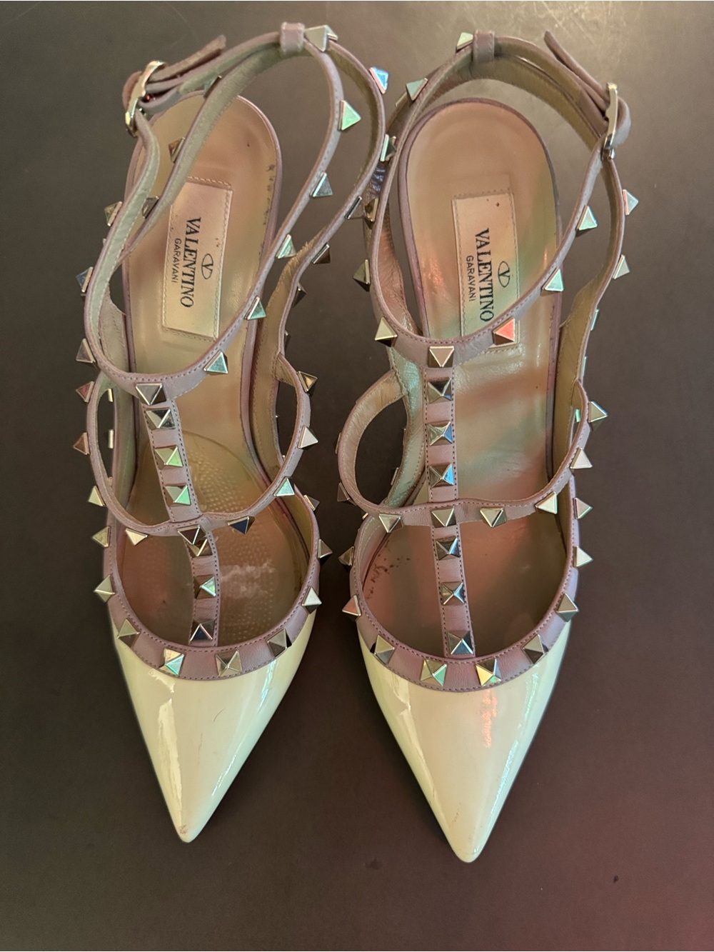 Valentino Garavani Two-Tone Rockstud Pointed T-Strap Pumps - Cream & Pink